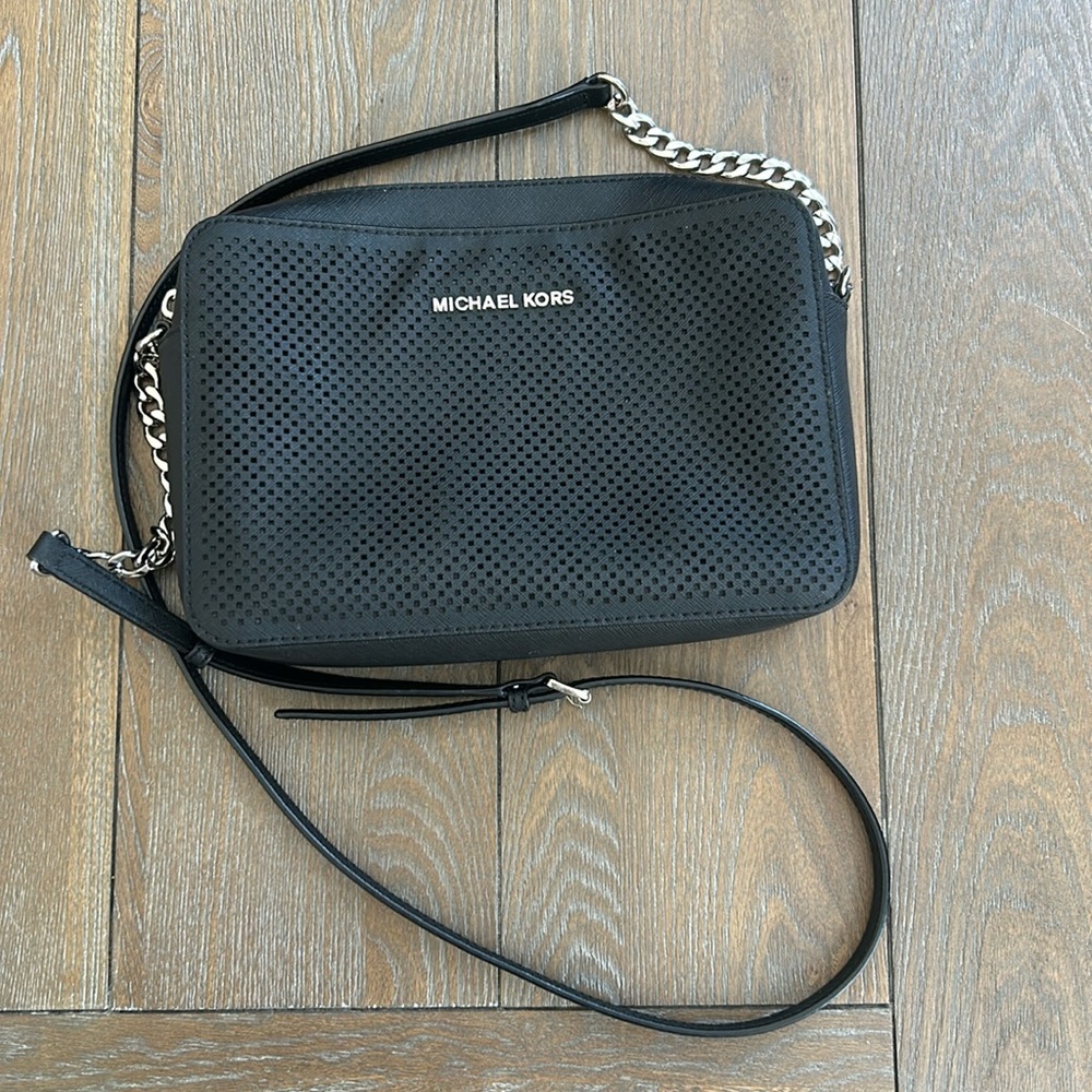Michael Kors Black Perforated Leather Crossbody with Silver Chain